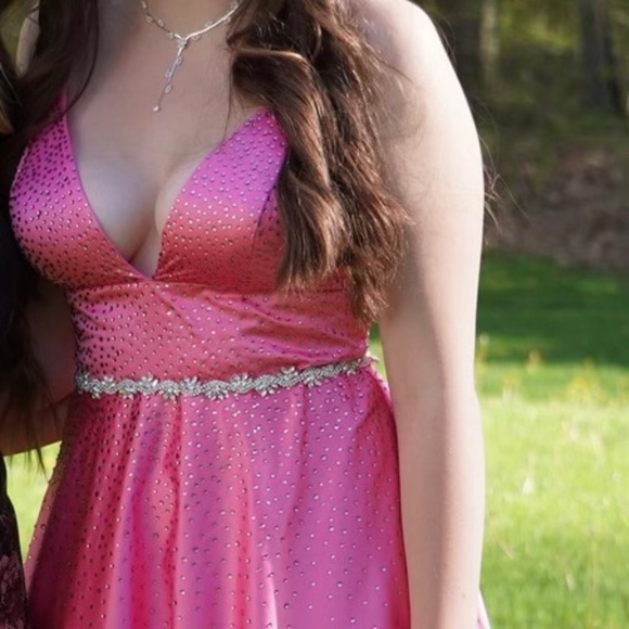 Prom Gown - Pink Full Length Lace-up back with Crystal bling worn once - Picture 4 of 13